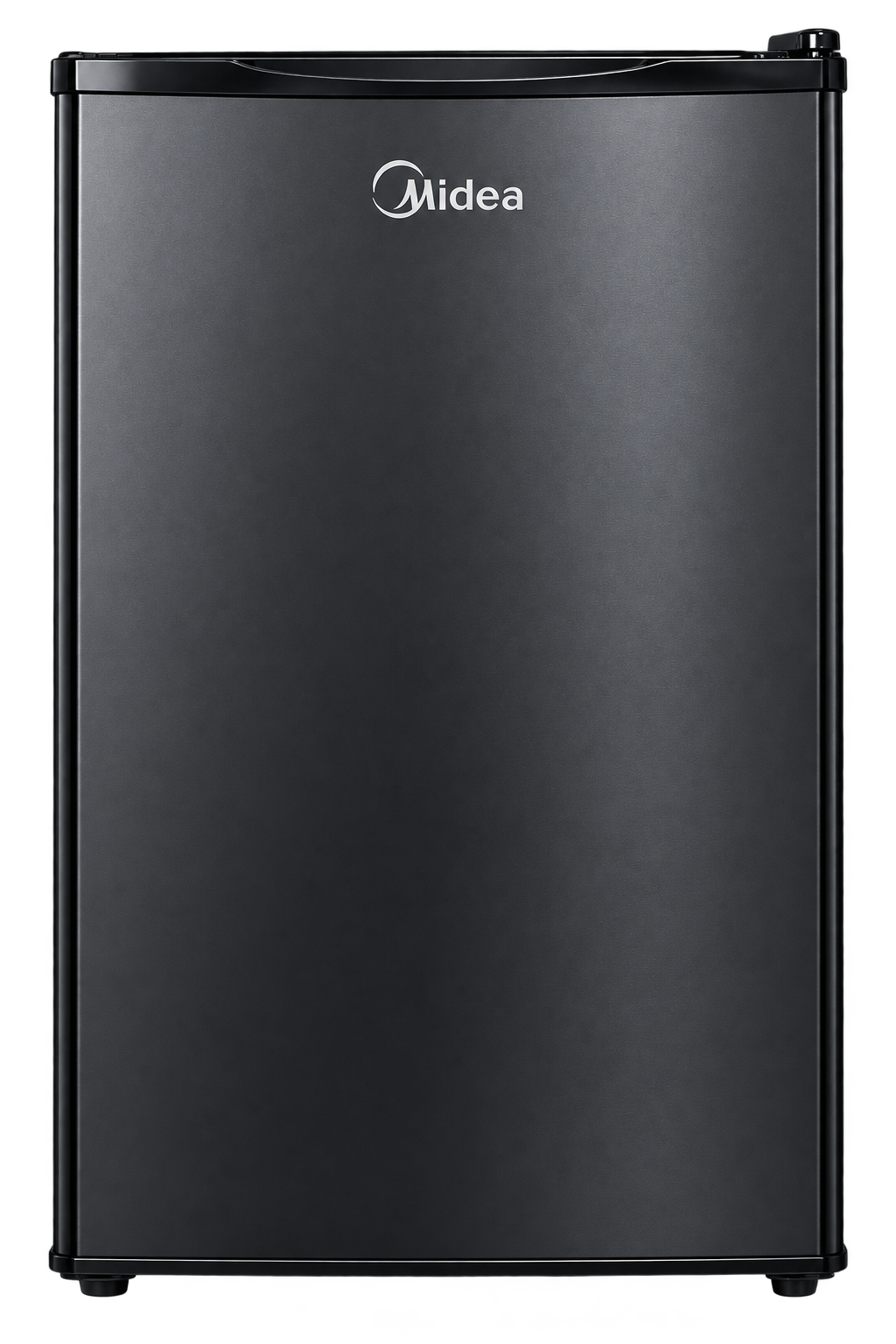 Midea compact refrigerator in black, front view with door closed